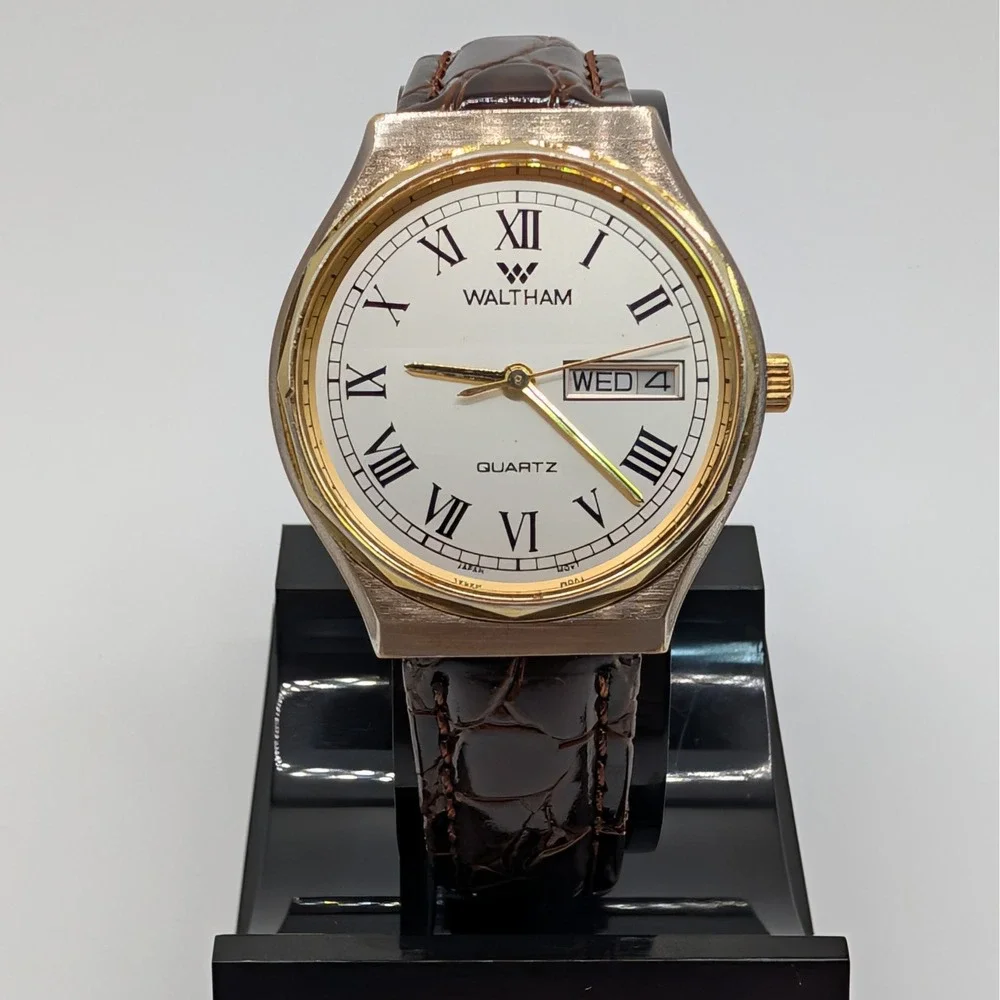 Waltham Quartz Watch Gold‎ Tone Roman Dial Day Date 33mm Sapphire Crystal